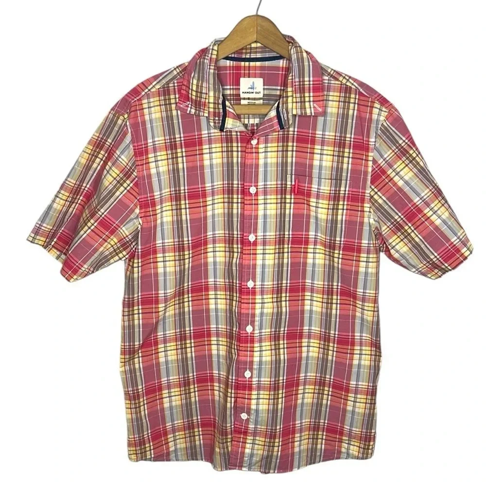 johnnie-O Hangin’ Out Mens M Pink Plaid Short Sleeve Button Down Shirt